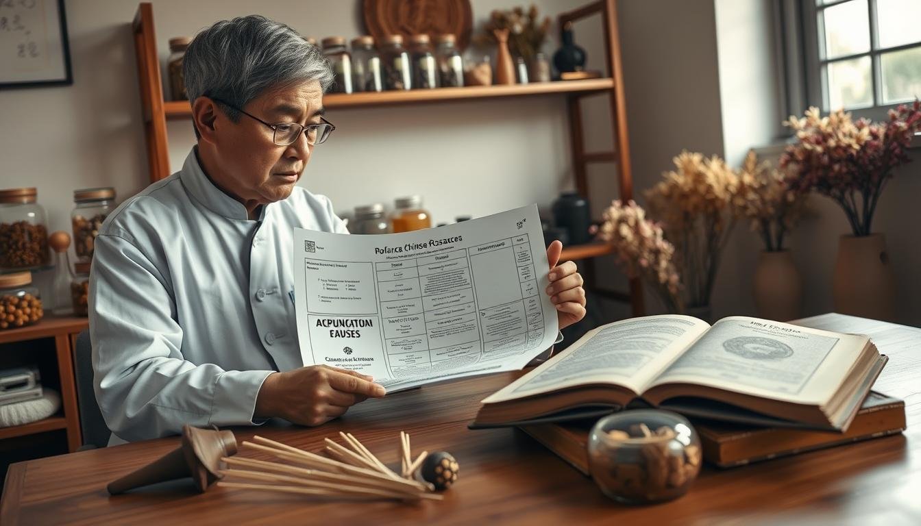 A serene clinic setting focused on traditional Chinese medicine, with a middle-aged practitioner in modest professional attire analyzing a detailed chart on rosacea causes. In the foreground, a wooden table holds acupuncture needles, herbal remedies, and an ancient book on skin disorders. The practitioner is examining the chart under soft, warm lighting that creates a calming atmosphere. Behind them, shelves filled with jars of herbs and dried flowers reflect traditional elements. Natural light filters through a window, illuminating the space. The mood is thoughtful and insightful, capturing the essence of holistic health and the approach to understanding rosacea through traditional Chinese medicine.