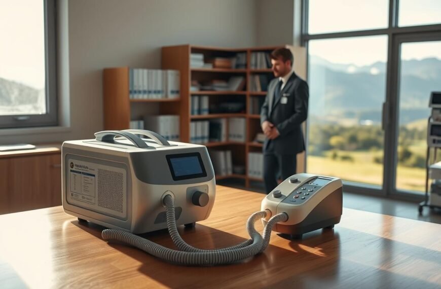 A serene, well-lit healthcare office in a remote area, showcasing an advanced CPAP machine prominently on a polished wooden desk. In the foreground, a healthcare professional in business attire is inspecting the machine, demonstrating its operational stability. Soft, natural light filters through a window, casting gentle shadows and creating a calm atmosphere. In the middle ground, shelves filled with healthcare manuals and medical equipment stand organized, emphasizing the technological setting. The background reveals a picturesque view of the surrounding landscape, hinting at the remote location with lush greenery and distant mountains. The overall mood is professional, assuring, and focused on the importance of reliable healthcare technology in rural regions.