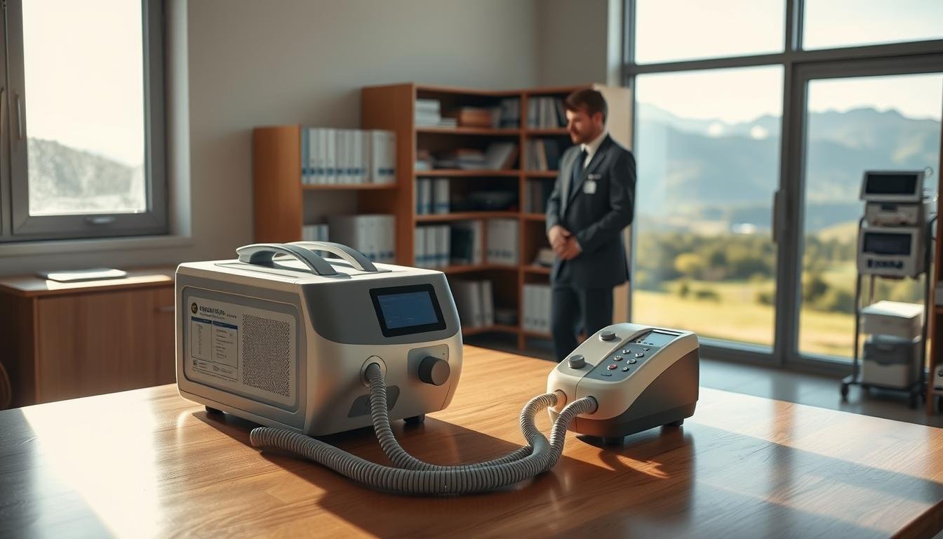 A serene, well-lit healthcare office in a remote area, showcasing an advanced CPAP machine prominently on a polished wooden desk. In the foreground, a healthcare professional in business attire is inspecting the machine, demonstrating its operational stability. Soft, natural light filters through a window, casting gentle shadows and creating a calm atmosphere. In the middle ground, shelves filled with healthcare manuals and medical equipment stand organized, emphasizing the technological setting. The background reveals a picturesque view of the surrounding landscape, hinting at the remote location with lush greenery and distant mountains. The overall mood is professional, assuring, and focused on the importance of reliable healthcare technology in rural regions.