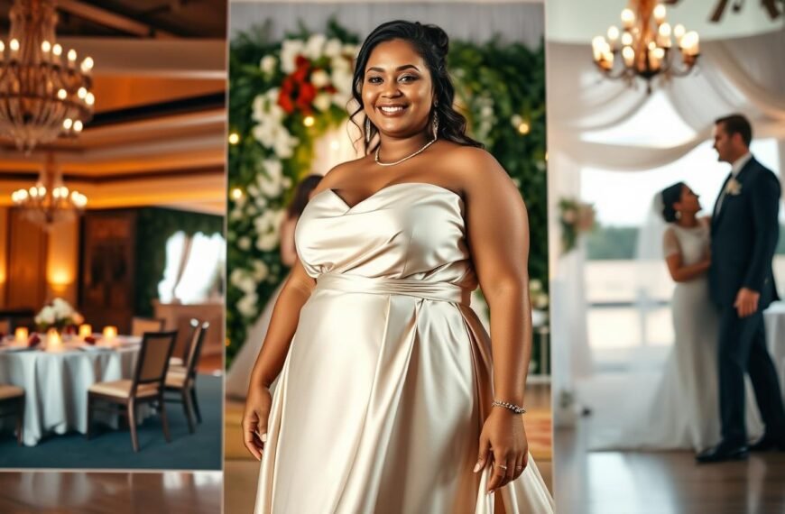 A stylish plus-size woman gracefully adorned in elegant wedding attire, showcasing her outfit choices suitable for different wedding events. In the foreground, she stands confidently in a satin gown with a flowing skirt that gently drapes around her. The soft light highlights the fabric's sheen, while subtle textures bring warmth to her look. In the middle ground, diverse wedding settings appear, including a luxurious banquet hall, an outdoor garden wedding, and an intimate beach ceremony. Each backdrop features appropriate décor and lighting for the occasion. The atmosphere is celebratory and joyful, conveying a sense of inclusivity and style. Photographed from a flattering low angle, capturing her poise and self-assurance, the image radiates elegance and positive energy.