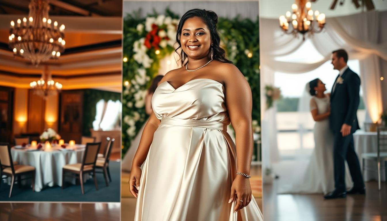 A stylish plus-size woman gracefully adorned in elegant wedding attire, showcasing her outfit choices suitable for different wedding events. In the foreground, she stands confidently in a satin gown with a flowing skirt that gently drapes around her. The soft light highlights the fabric's sheen, while subtle textures bring warmth to her look. In the middle ground, diverse wedding settings appear, including a luxurious banquet hall, an outdoor garden wedding, and an intimate beach ceremony. Each backdrop features appropriate décor and lighting for the occasion. The atmosphere is celebratory and joyful, conveying a sense of inclusivity and style. Photographed from a flattering low angle, capturing her poise and self-assurance, the image radiates elegance and positive energy.